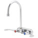 A chrome T&S wall mount faucet with two wrist handles and a gooseneck spout.