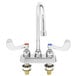 A T&S chrome deck-mounted workboard faucet with gooseneck spout and wrist handles.