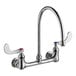 A T&S chrome wall mount faucet with two wrist handles and a gooseneck spout.