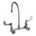 A T&S chrome wall mount faucet with wrist handles and an 8 3/4" gooseneck spout.