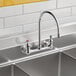 A wall-mounted chrome faucet with an 8 3/4-inch gooseneck spout and wrist handles, installed above a stainless steel sink.