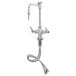 A silver T&S deck mounted laboratory faucet with hoses attached.