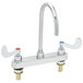 A chrome T&S deck-mounted workboard faucet with two wrist handles.