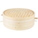 A round bamboo steamer with handles and a lid.