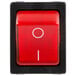 A red Avantco On / Off switch with white text and a circle in the middle.