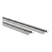 A pair of long, metallic tracks designed for use in shelving or storage systems.