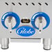A Globe countertop gas hot plate with two blue knobs.