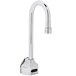 A T&S chrome wall-mounted electronic faucet with a long rigid gooseneck spout.