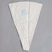 A white triangular canvas bag with blue text.