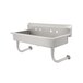 A stainless steel Advance Tabco hand sink with holes for 5 faucets.