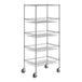 A chrome wire shelving unit with 4 baskets and 1 shelf.