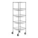 A Regency chrome wire shelving unit with four baskets and one shelf on wheels.