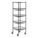 A black wire shelving unit with 4 baskets and 1 shelf.