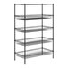 A Regency black wire shelving unit with four shelves and one basket.