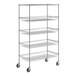 A Regency 4 tier metal wire shelving unit with wheels.