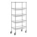 A Regency chrome wire shelving unit with 4 baskets and 1 shelf on wheels.