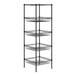 A black wire shelving unit with 4 baskets on it.