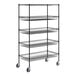 A black wire shelving unit with 4 baskets and 1 shelf.