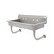 A grey metal Advance Tabco wall mounted hand sink with holes for 5 faucets.