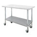 A stainless steel work table with a lower galvanized undershelf and four caster wheels.