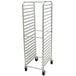 An unassembled metal Advance Tabco sheet pan rack with wheels.