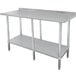 An Advance Tabco stainless steel work table with undershelf and backsplash.