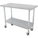 An Advance Tabco stainless steel work table with casters and a galvanized undershelf.