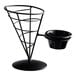 A Tablecraft black metal wire cone basket with a cup holder on top.