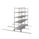 A chrome Metro qwikTRAK shelving unit with wheels for 18" wide shelves.