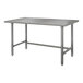 A stainless steel Advance Tabco work table with galvanized legs.