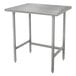 An Advance Tabco stainless steel work table with an open base and rectangular top on legs.