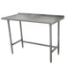 A stainless steel Advance Tabco work table with metal legs and a backsplash.