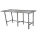 An Advance Tabco stainless steel work table with an open base and four legs.