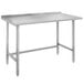 An Advance Tabco stainless steel work table with galvanized legs.