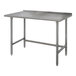 An Advance Tabco stainless steel work table with a backsplash and open base.