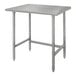 An Advance Tabco stainless steel work table with galvanized legs.