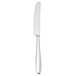 A silver dessert knife with a white background.