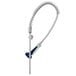 A T&S pre-rinse faucet assembly with a silver flexible pipe and blue and white handles.
