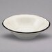 A white Homer Laughlin china bowl with a black rim.