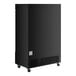 A black rectangular Avantco merchandising refrigerator with wheels.