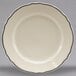 A white Homer Laughlin china plate with black trim.