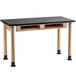 A black and wood National Public Seating science lab table with book compartments.
