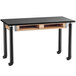 A black and wood National Public Seating science lab table with wheels.