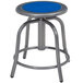 A National Public Seating lab stool with a blue steel seat.
