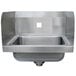 A stainless steel Advance Tabco wall mounted hand sink with side splashes and a hole for a faucet.