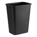 A black plastic Lavex rectangular trash can with a lid.