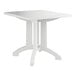 A white square Grosfillex outdoor table with legs.