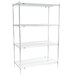 A Metro Super Erecta chrome wire shelving unit with four shelves.