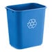 A blue Lavex recycling wastebasket with a recycle symbol on it.