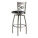 A Lancaster Table & Seating clear coat finish cross back swivel bar stool with a black vinyl padded seat.